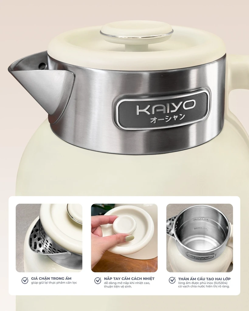Ấm siêu tốc 2 lớp cooltouch 1,5L Kaiyo màu trắng