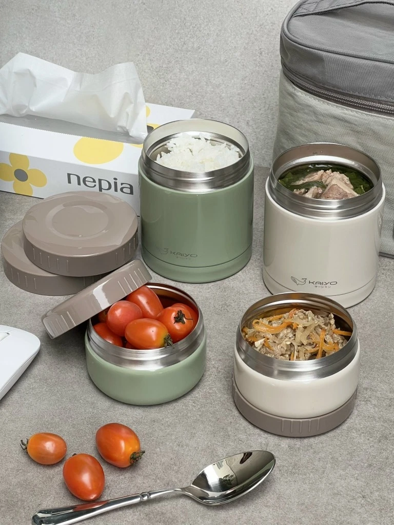 Set 4 hộp cơm giữ nhiệt Kaiyo 1200ml màu be và xanh oliu