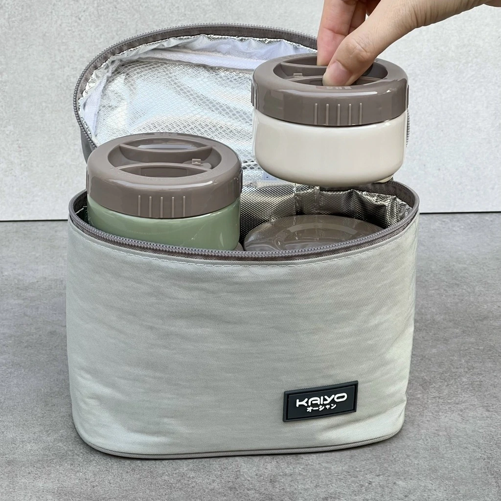 Set 4 hộp cơm giữ nhiệt Kaiyo 1200ml màu be và xanh oliu