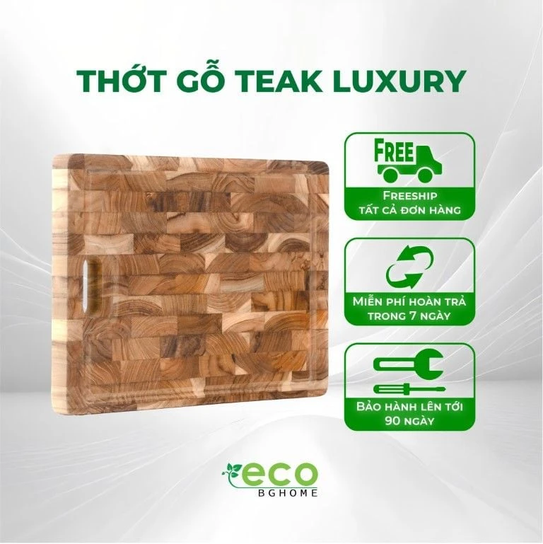 Thớt Chặt Gỗ TEAK Luxury KT 350x250x35 mm Size Vừa - Thiết Kế Lỗ Treo Đa Năng, An Toàn Thực Phẩm