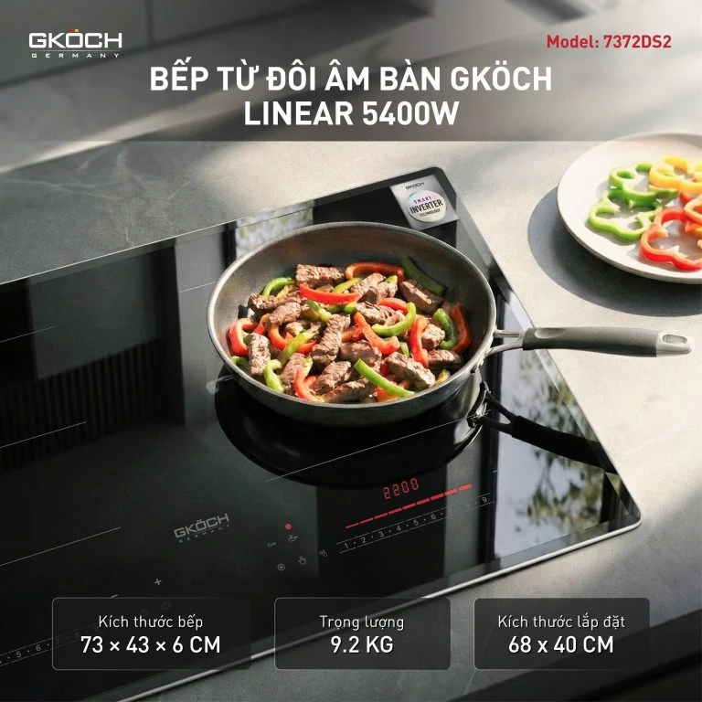 Bếp điện từ, loại bếp âm cố định có 2 vùng nấu, model: 7372DS2, công suất: 5400W, điện áp: 220-240V, tần số: 50-60Hz, ko có chức năng nướng. Nhãn hiệu: GKOCH