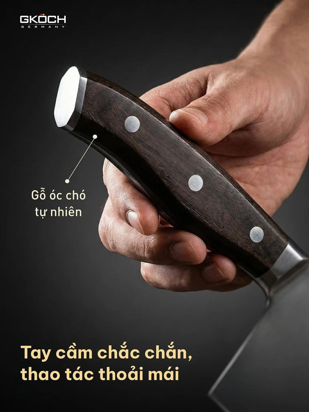 Bộ 5 dao kèm đế gỗ, cán dao bằng gỗ, lưỡi dao cố định bằng thép không gỉ. Model: PKMF79. Nhãn hiệu: GKOCH