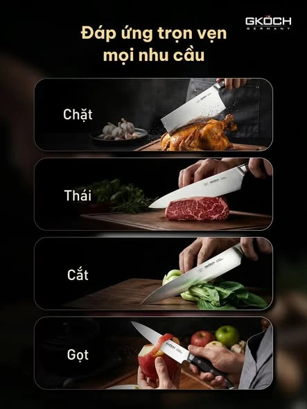 Bộ 5 dao kèm đế gỗ, cán dao bằng gỗ, lưỡi dao cố định bằng thép không gỉ. Model: PKMF79. Nhãn hiệu: GKOCH