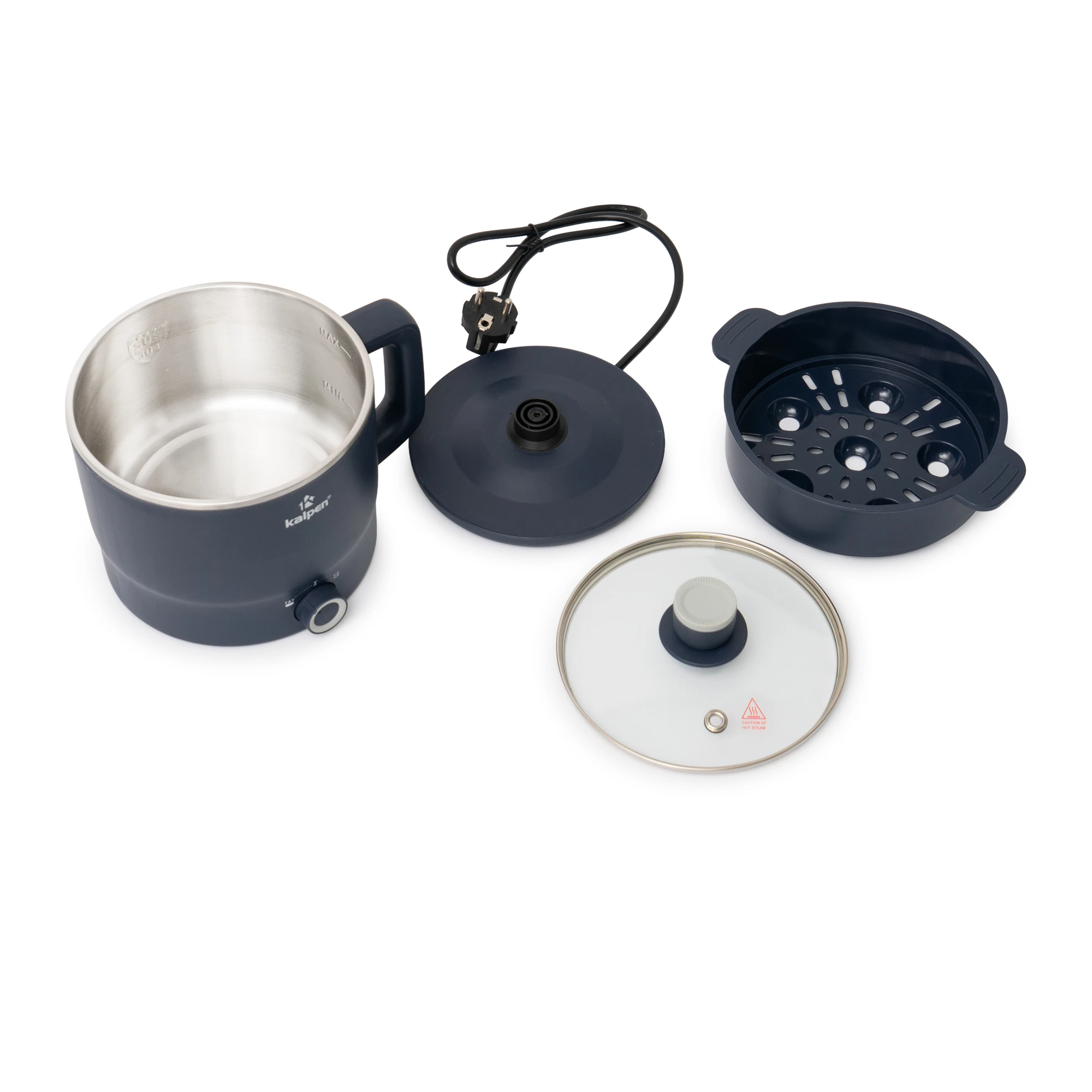 Ca lẩu điện mini có khay hấp Kalpen P6 1.8L Xanh Than