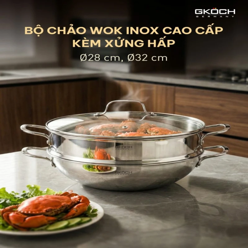 Chảo Wok (Chảo kèm xửng hấp), đường kính 32cm, chất liệu: thép không gỉ. Model: SA2010-32W. Nhãn hiệu: GKOCH