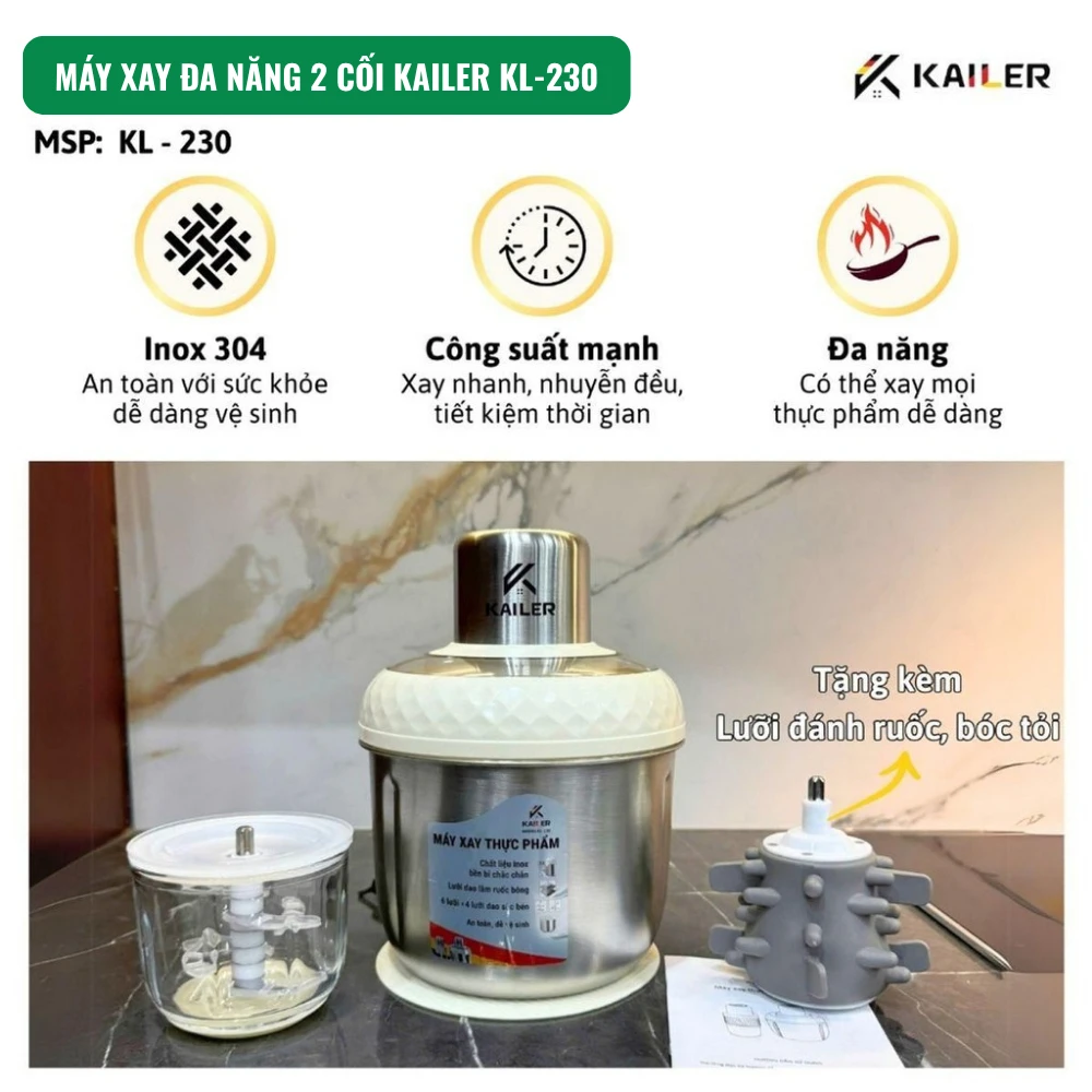 Máy xay thịt Kailer 1 cối có lõi đánh ruốc, bóc tỏi (16c/t) KL-228
