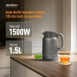 Ấm đun nước giữ nhiệt 1.5L, model: HBK193A, điện áp 220-240V, tần số 50-60Hz, công suất 1500W. Nhãn hiệu: GKOCH