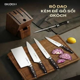 Bộ 5 dao kèm đế gỗ, cán dao bằng gỗ, lưỡi dao cố định bằng thép không gỉ. Model: PKMF79. Nhãn hiệu: GKOCH