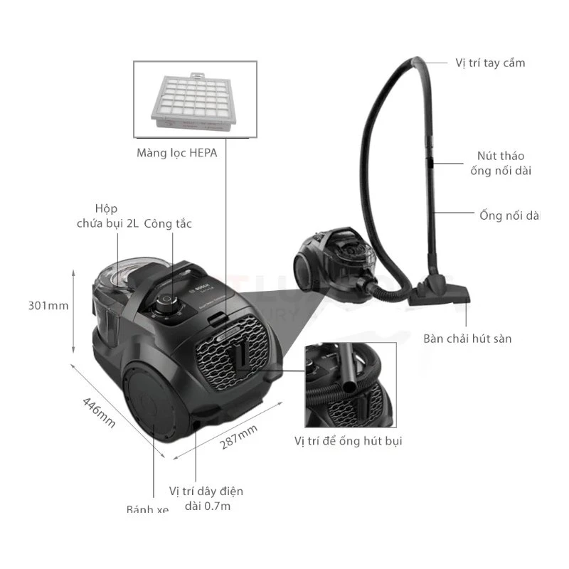 Máy hút bụi có dây Bosch BGS21WX100 Serie 4 công suất 2000W