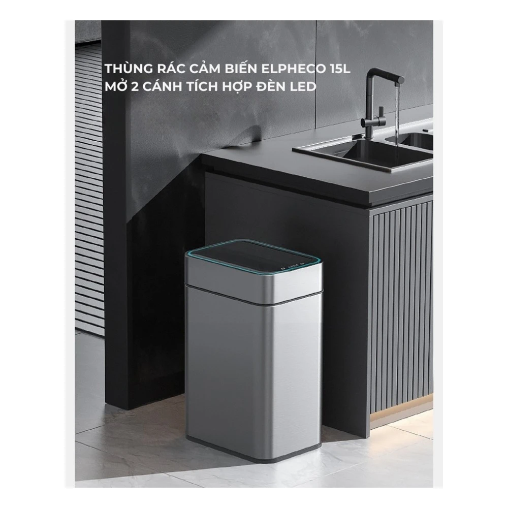 Thùng rác inox cảm biến Elpheco mở hai cánh, đèn led 15L - Màu xám đậm - ELPH9830