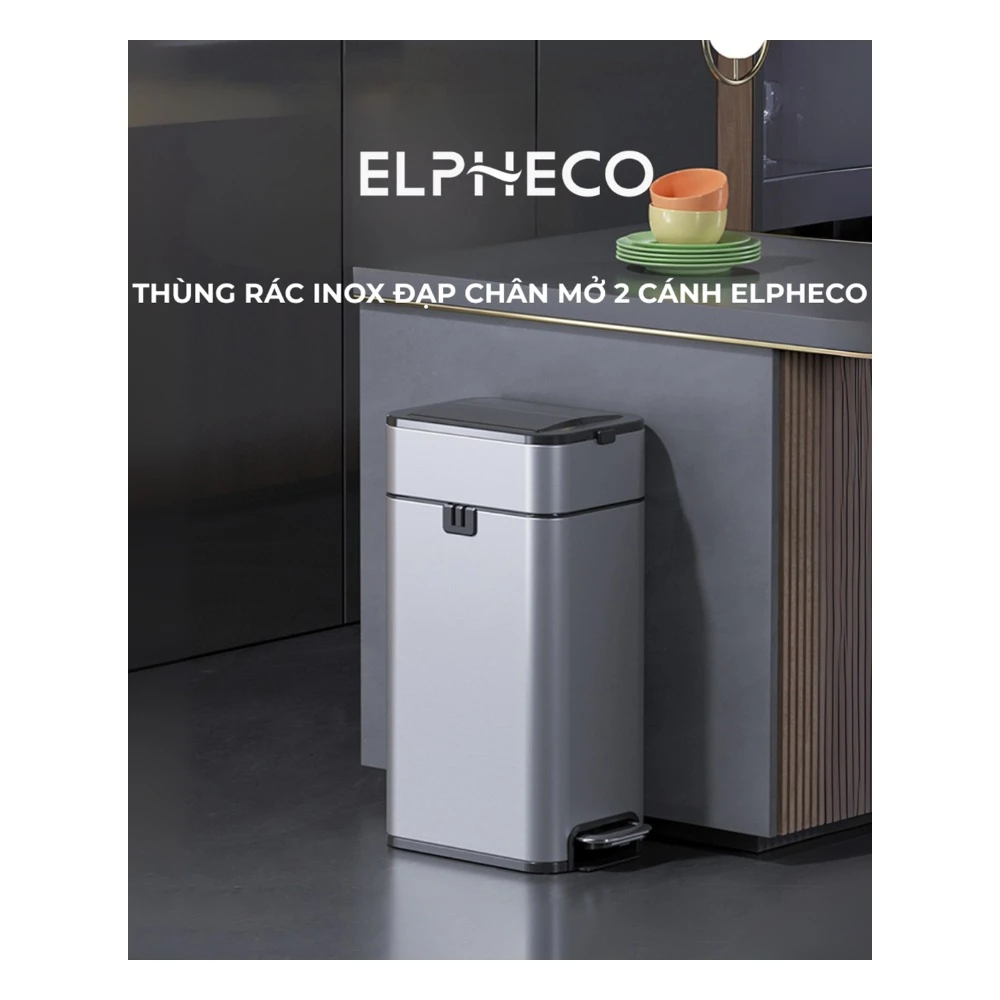 Thùng rác inox đạp chân Elpheco mở hai cánh, có lõi 20L - ELPH3711